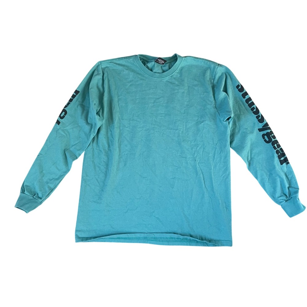 🔥 Stussy Long Sleeve Turquoise Blue Logo Skate Graphic Tee T Shirt • Men Size L
